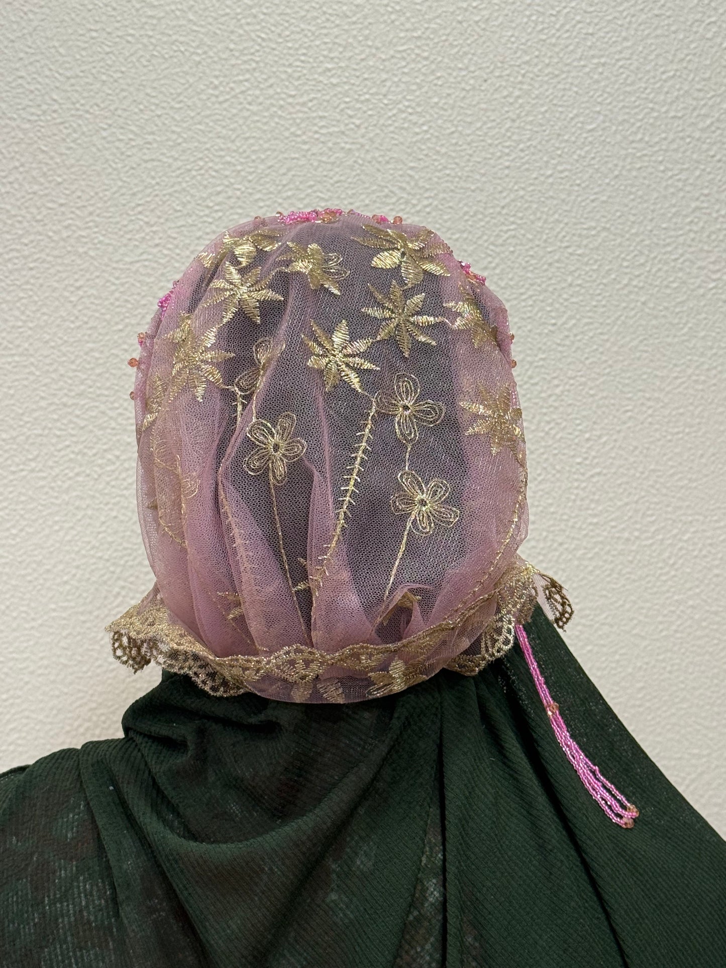 Pink and gold party wear hijab cap back view with floral lace design