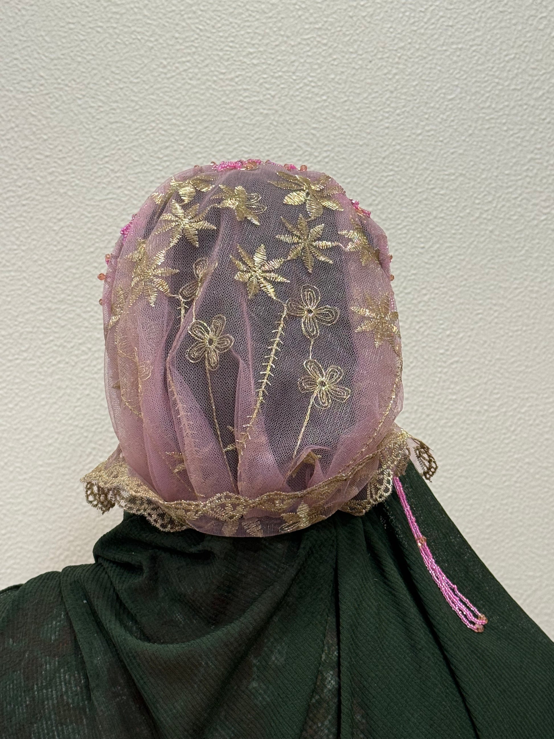Pink and gold party wear hijab cap back view with floral lace design