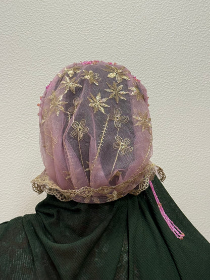 Pink and gold party wear hijab cap back view with floral lace design