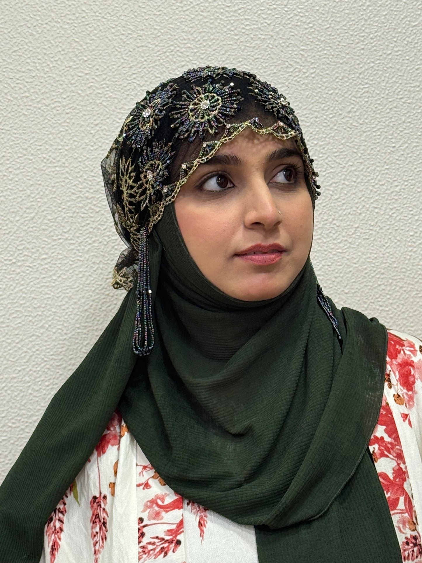 Black and gold party wear hijab cap side profile with intricate bead embroidery