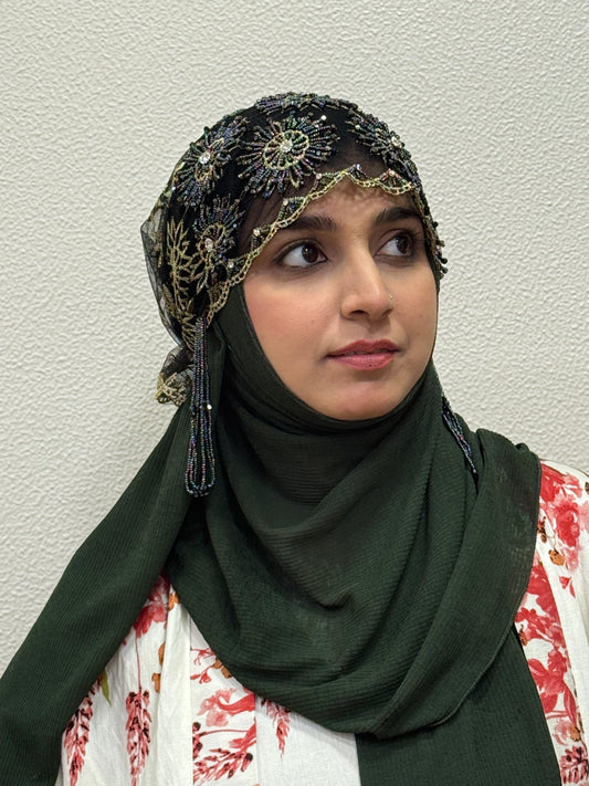 Black and gold party wear hijab cap side profile with intricate bead embroidery