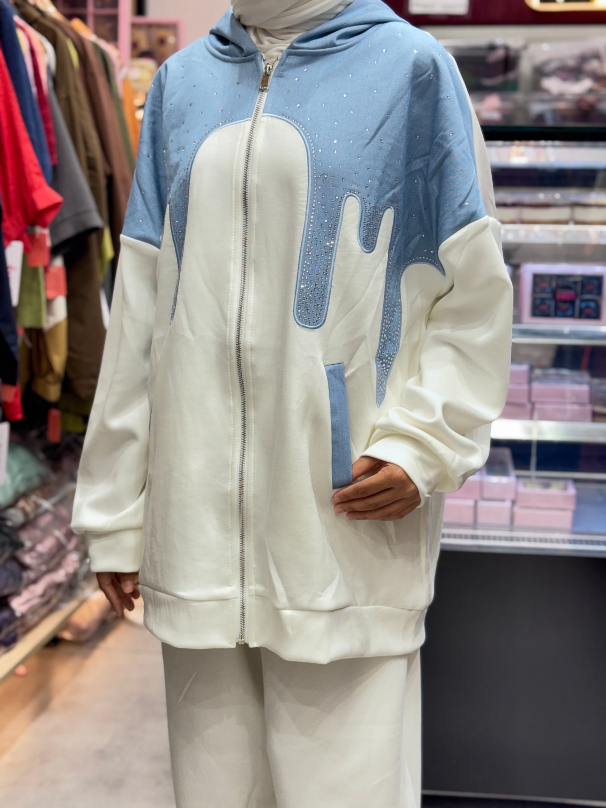Turkish cord set full outfit white and blue front display with hooded jacket

