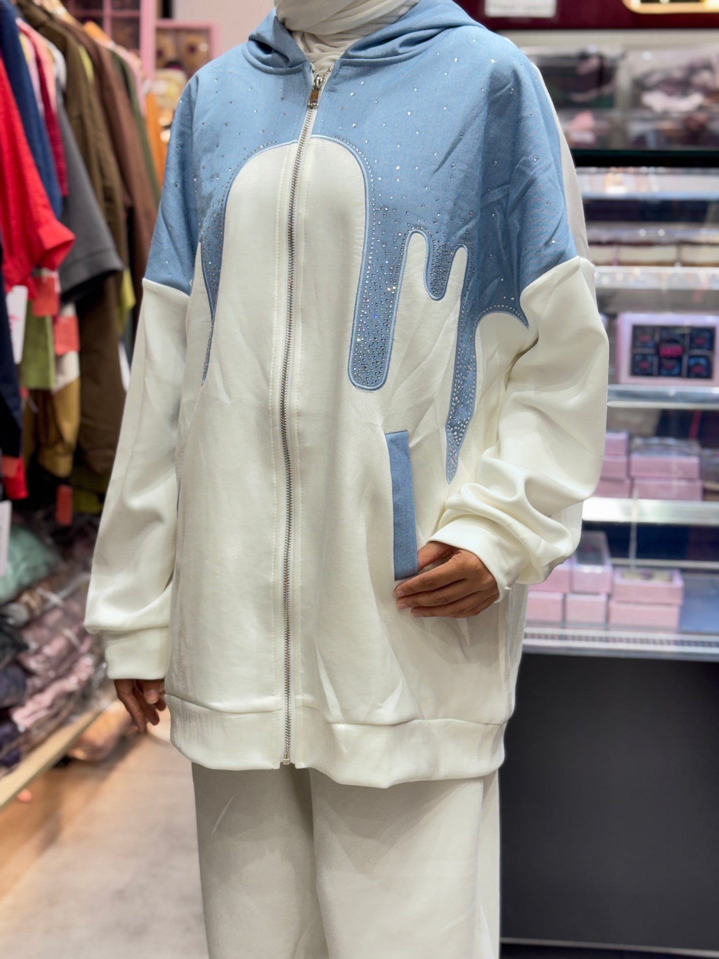 Turkish cord set full outfit white and blue front display with hooded jacket


