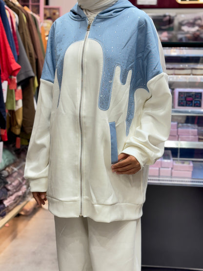 Turkish cord set full outfit white and blue front display with hooded jacket

