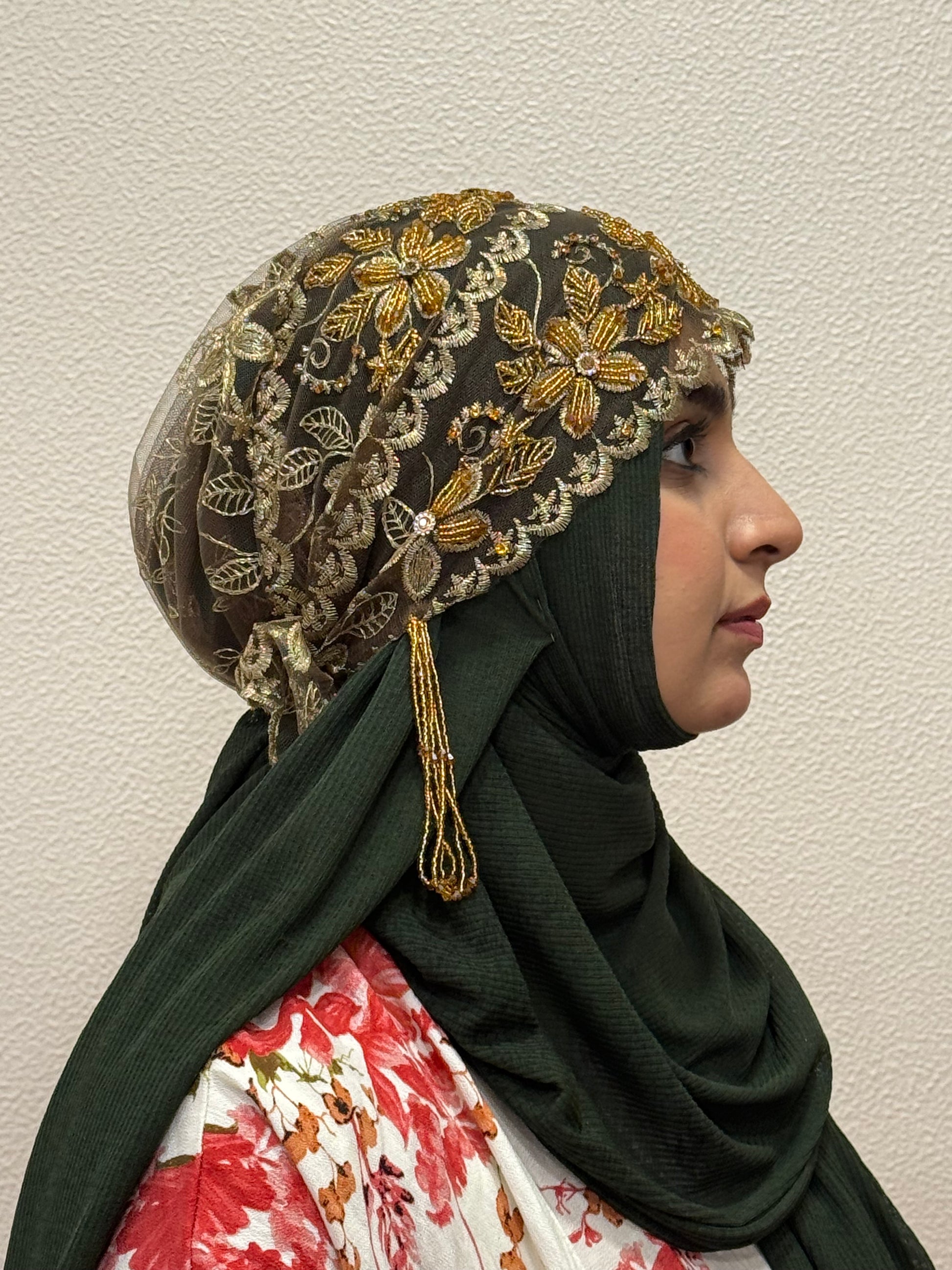 Gold party wear hijab cap side view with floral lace embroidery
