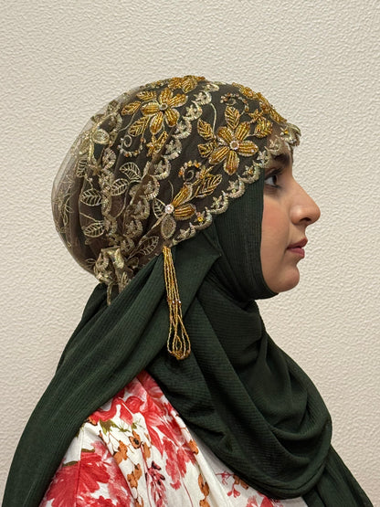 Gold party wear hijab cap side view with floral lace embroidery
