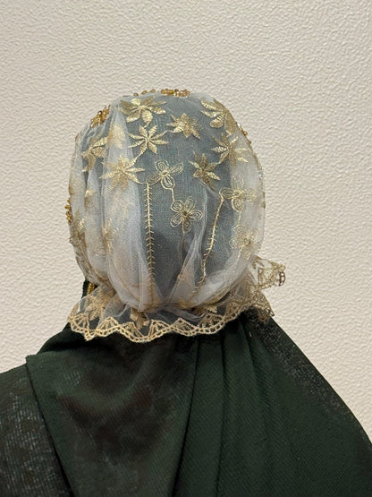 White and gold embroidered hijab cap back view with sheer net detailing