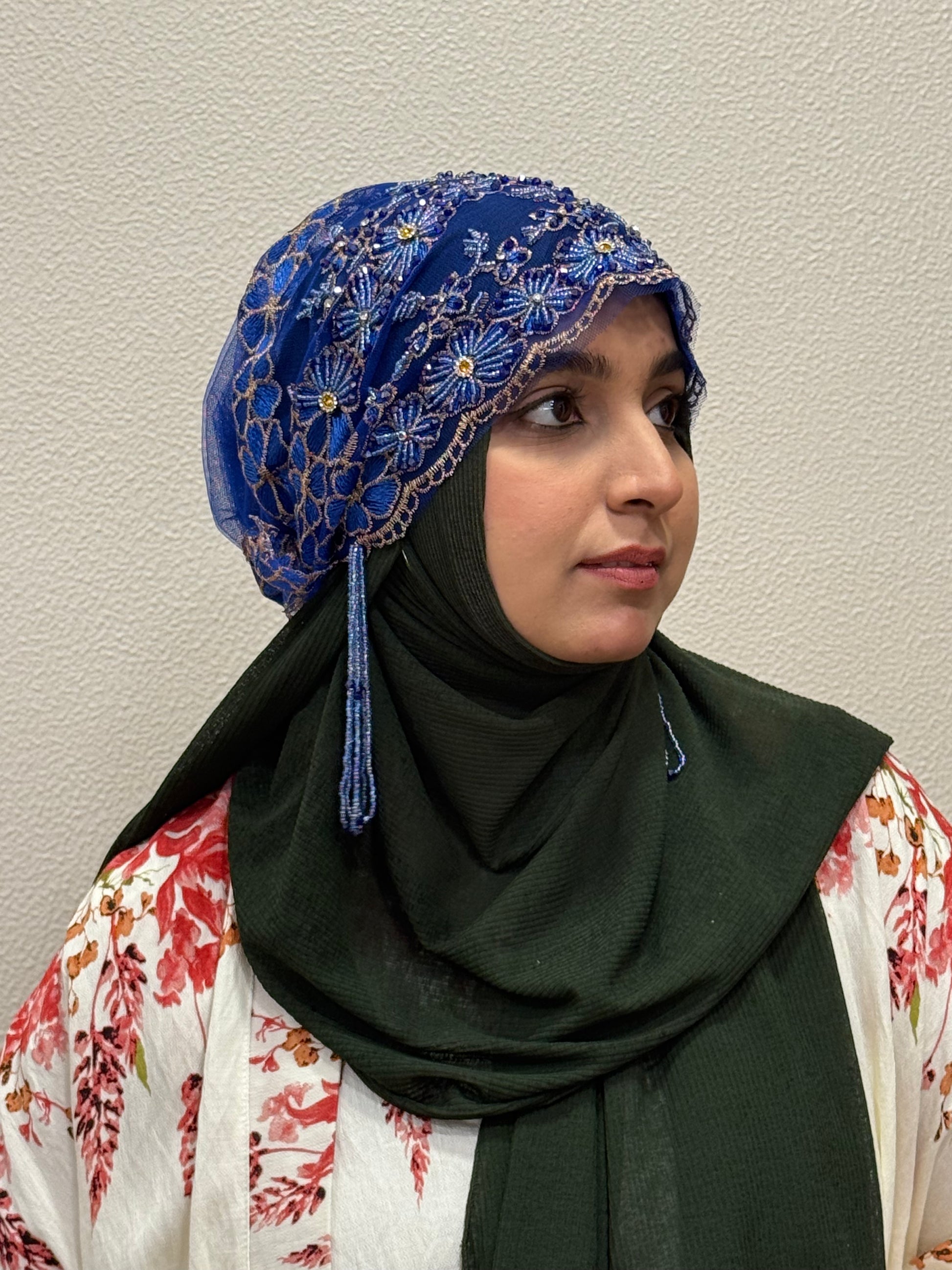 Blue party wear hijab cap side view with floral embroidery