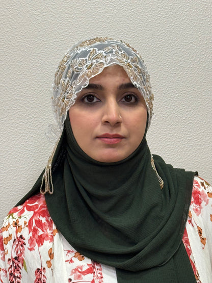 White and gold party wear hijab cap close-up front view with beaded floral design