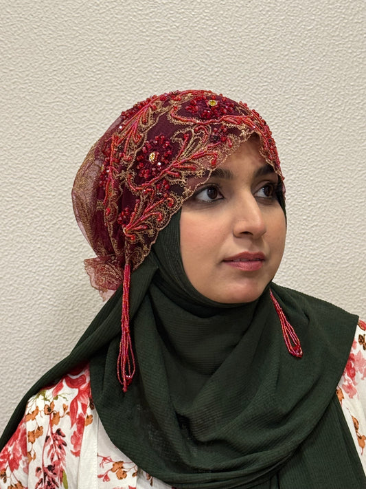 Red party wear hijab cap full outfit front view