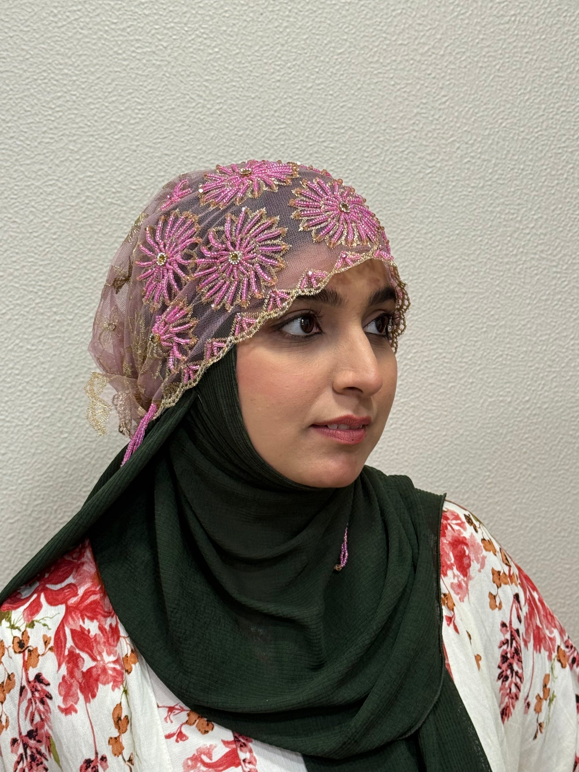 Pink and gold party wear hijab cap side view with floral embroidery
