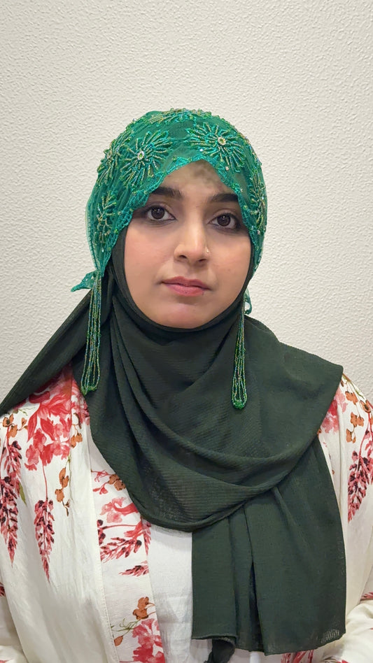 Green party wear hijab cap close-up front view with floral beadwork