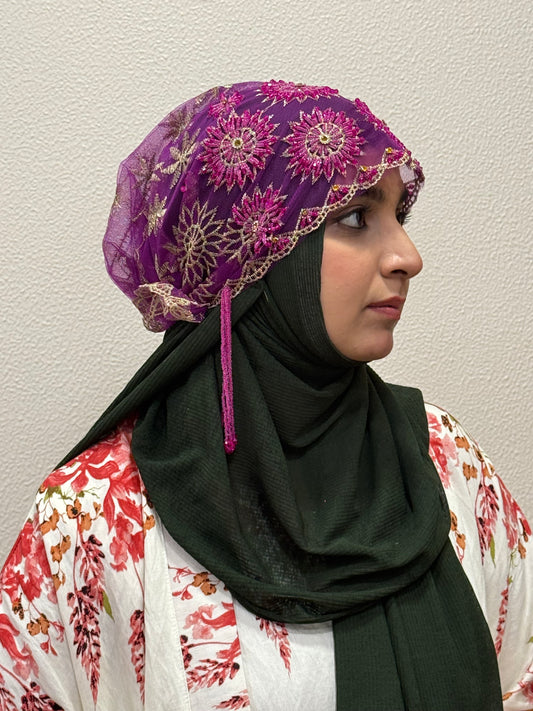 Purple party wear hijab cap side view with floral embroidery