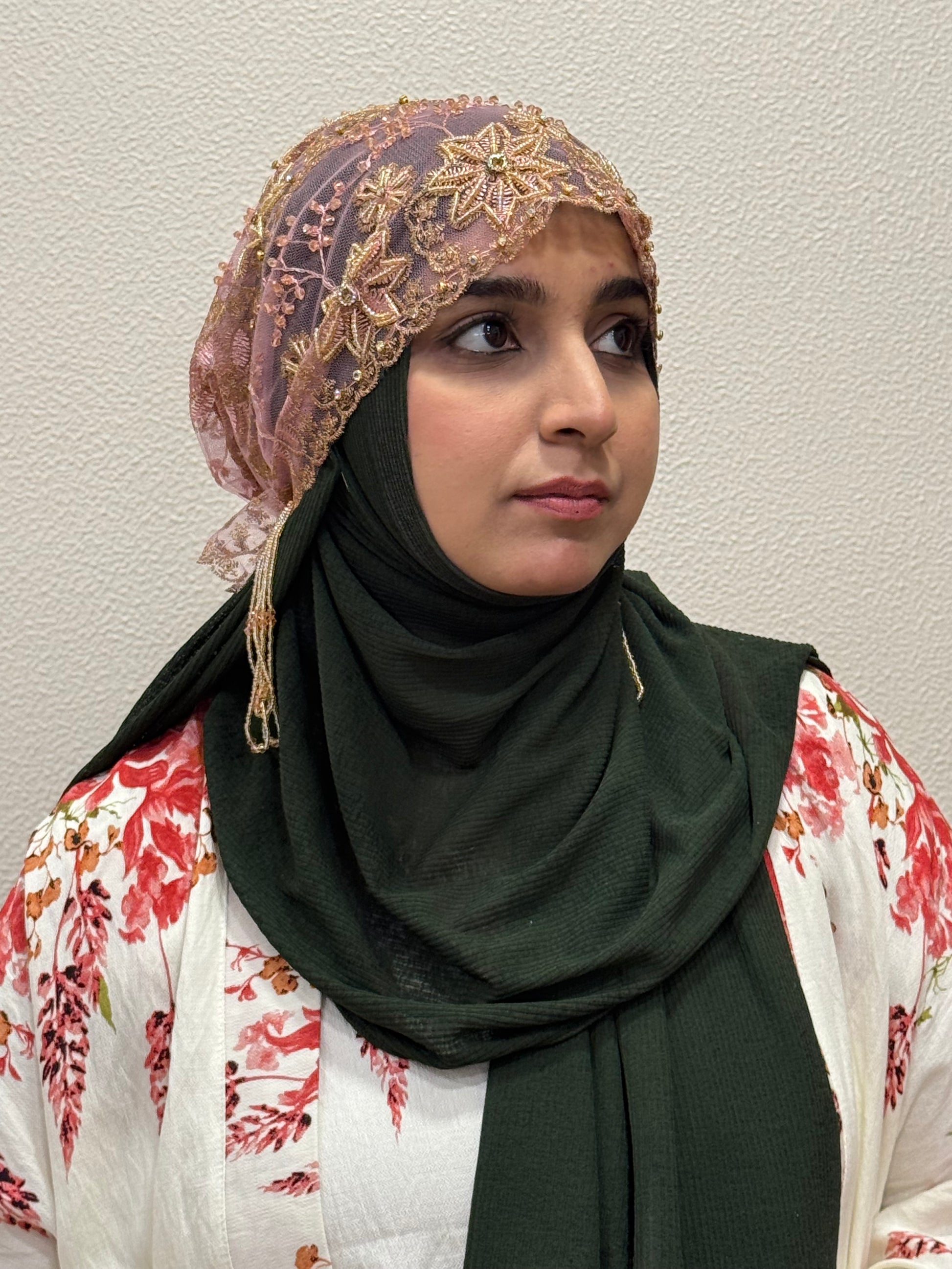 Pink party wear hijab cap side profile with gold floral embroidery