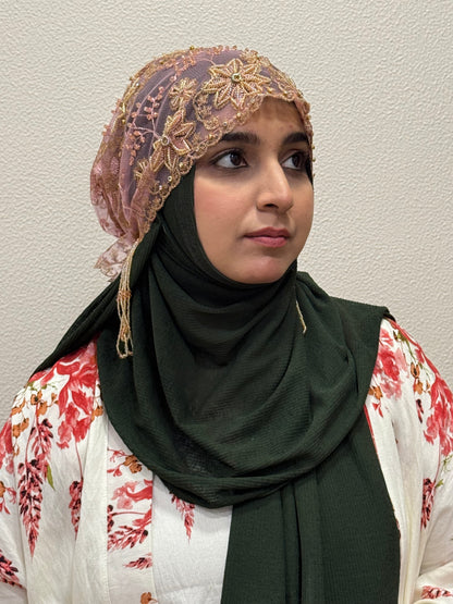 Pink party wear hijab cap side profile with gold floral embroidery