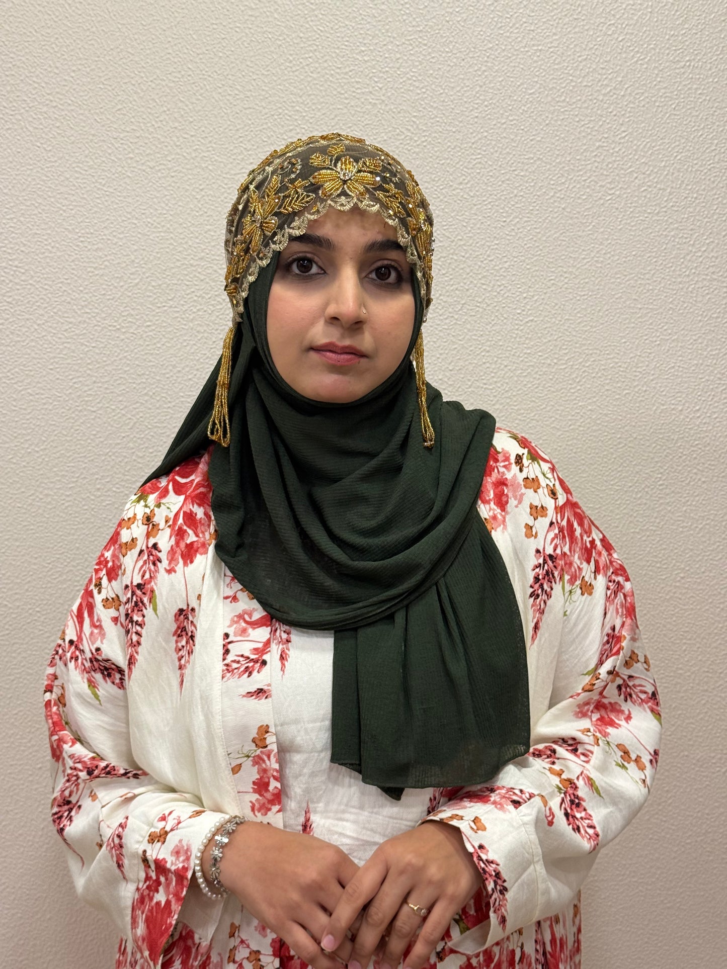 Gold party wear hijab cap full outfit front view