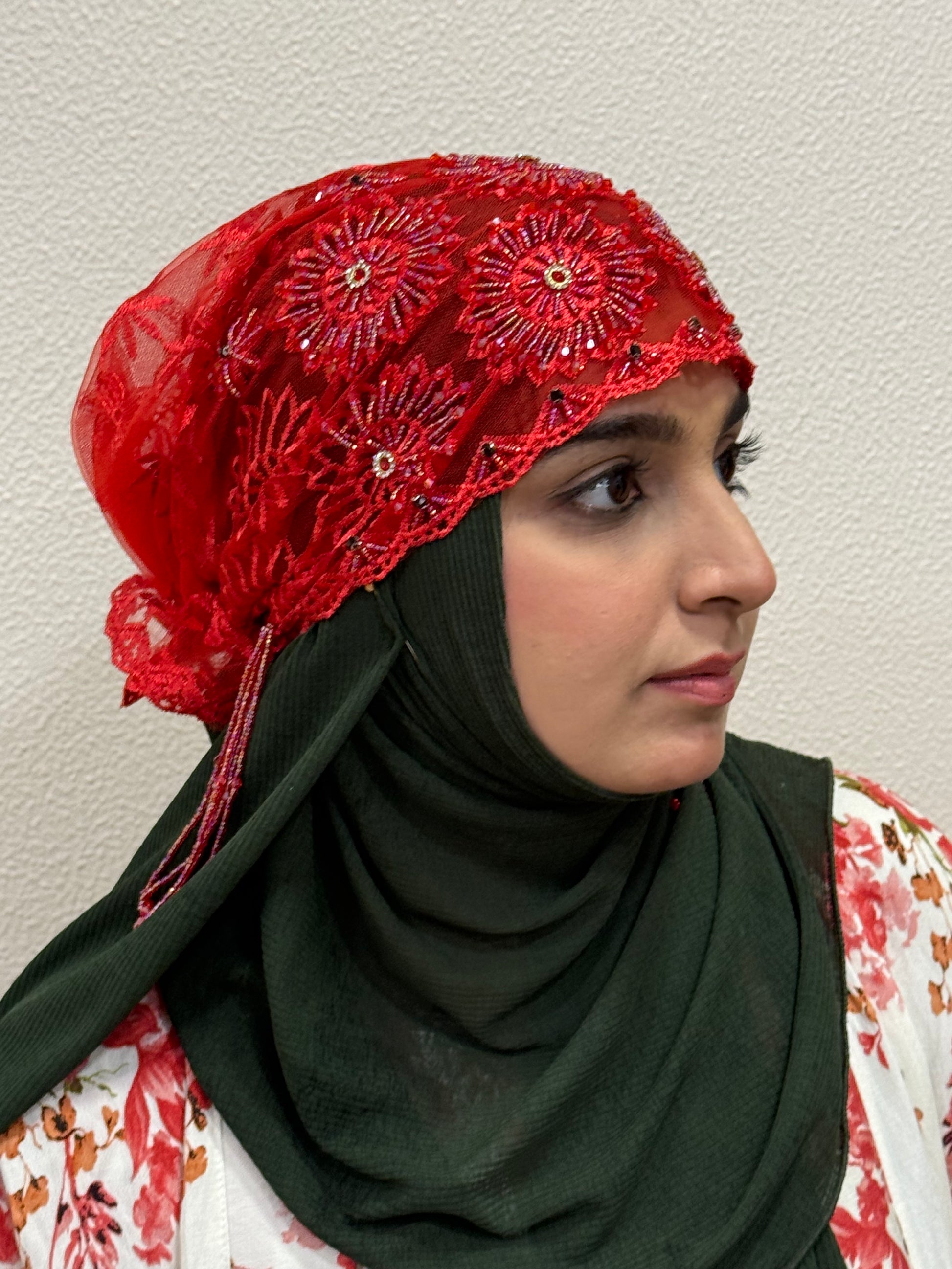 Red party wear hijab cap side view with floral lace embroidery