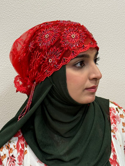 Red party wear hijab cap side view with floral lace embroidery