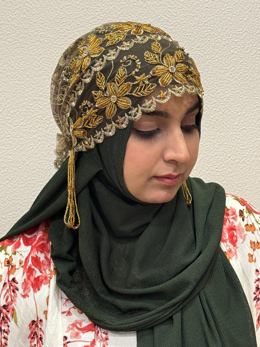 Gold party wear hijab cap closeup view with floral lace embroidery