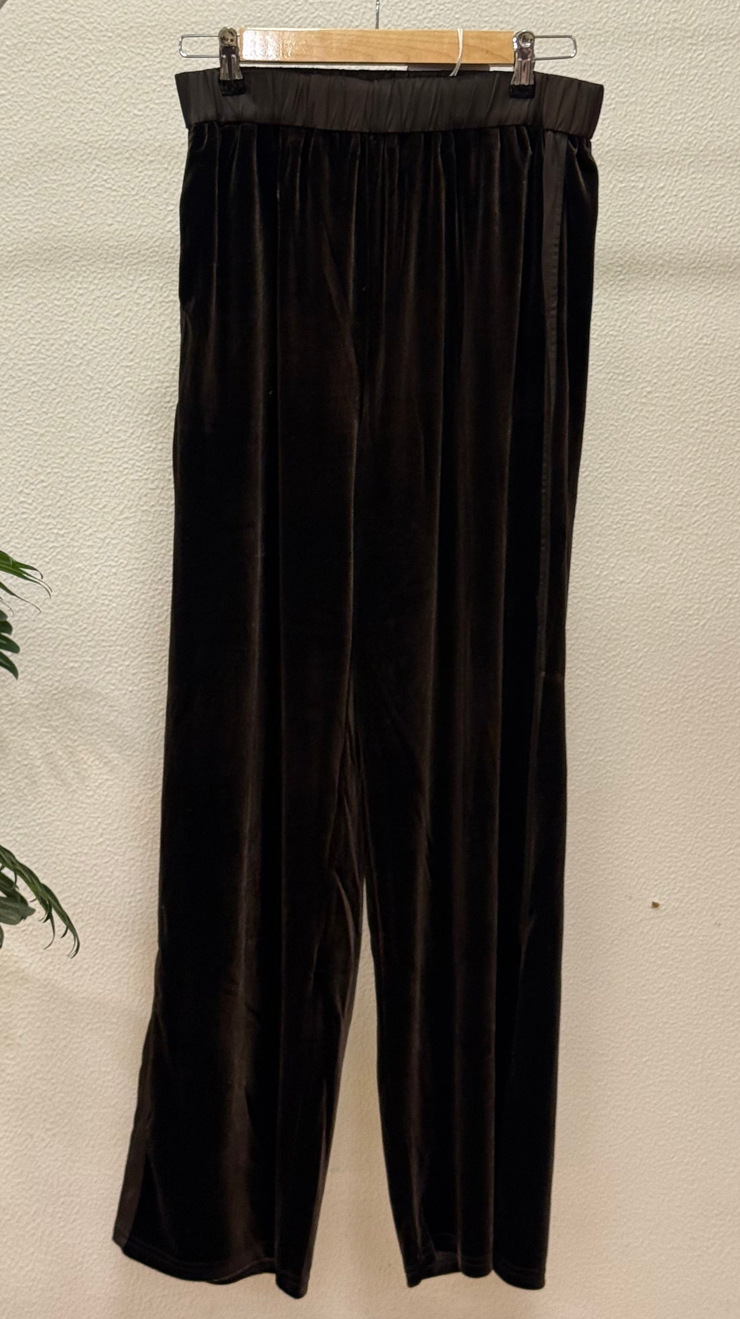 Black velvet wide leg elasticated waist trouser with satin waistband on hanger