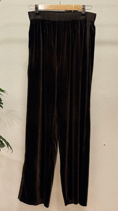 Black velvet wide leg elasticated waist trouser with satin waistband on hanger
