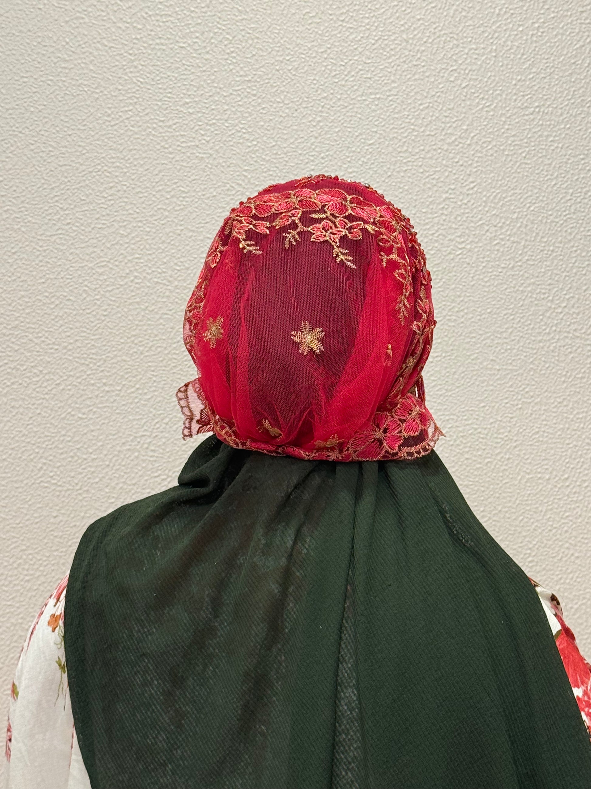 Red party wear hijab cap back view with floral lace design