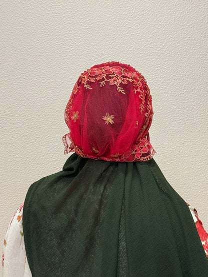 Red party wear hijab cap back view with floral lace design
