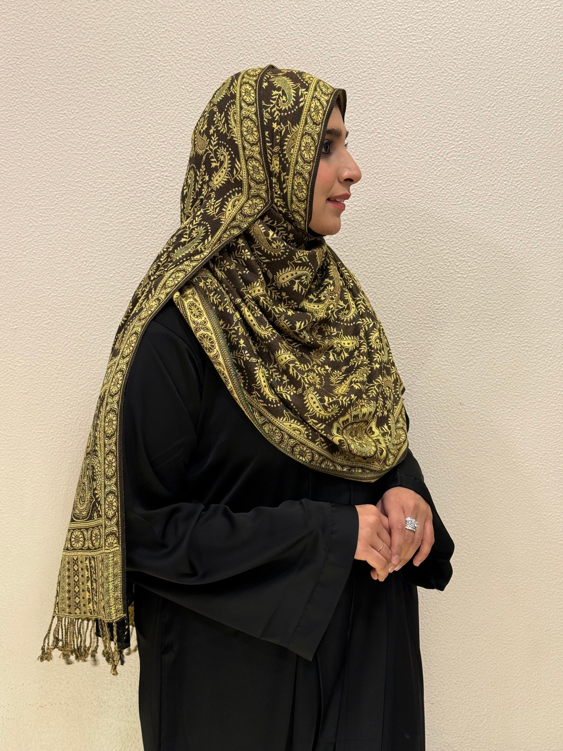 Side View of Golden Premium Pashmina Shawl Soft • Elegant • Timeless Luxury Wrap for Women Effortless Sophistication
