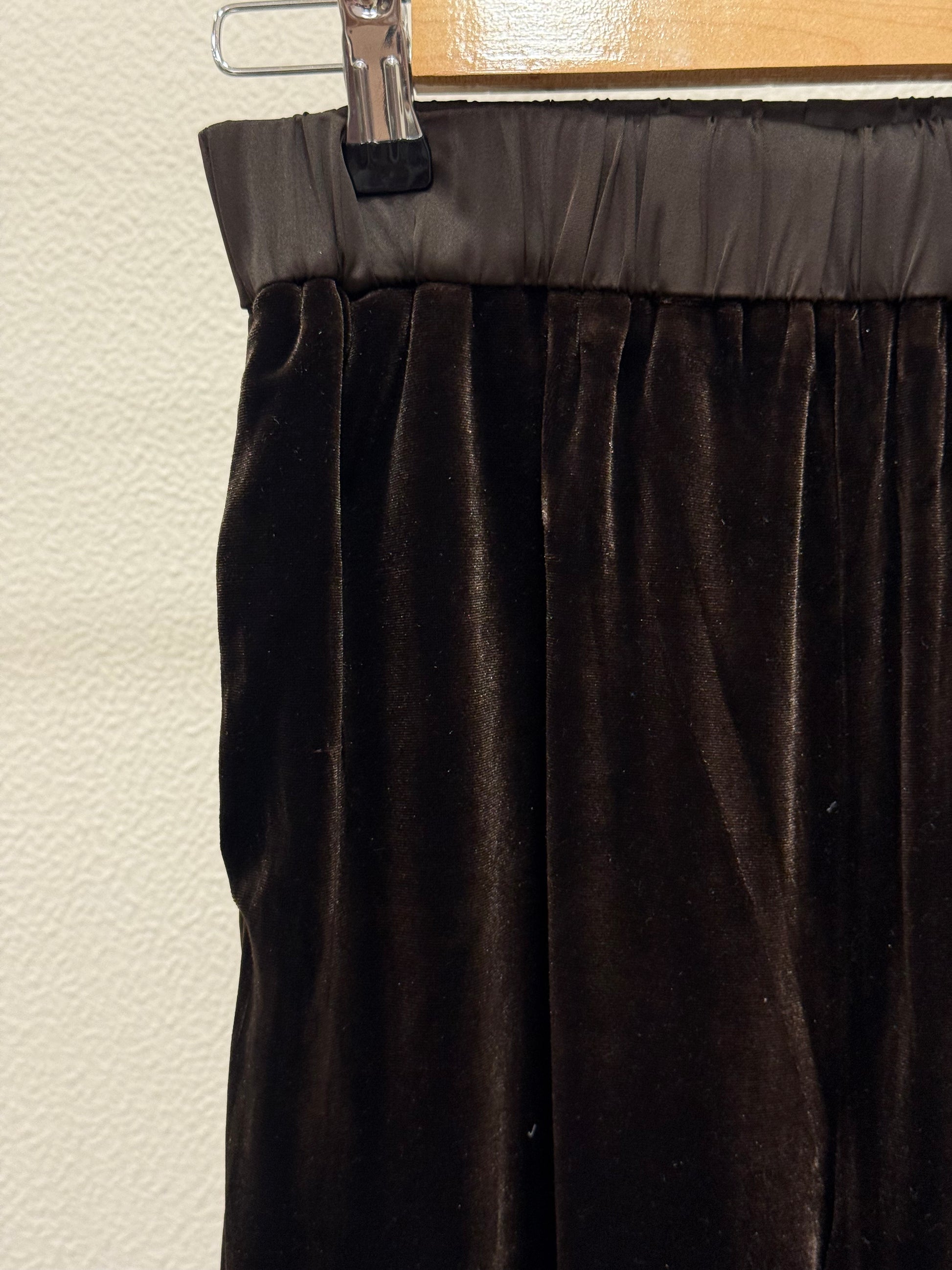 Close view Black velvet wide leg elasticated waist trouser with satin waistband on hanger