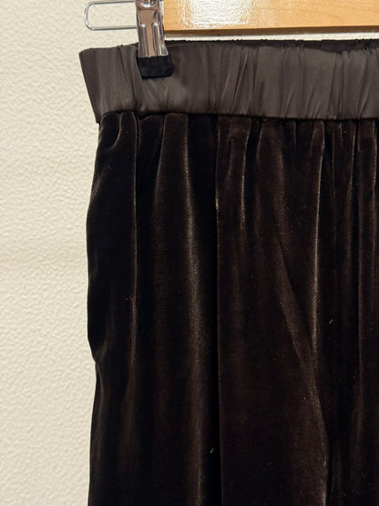 Close view Black velvet wide leg elasticated waist trouser with satin waistband on hanger