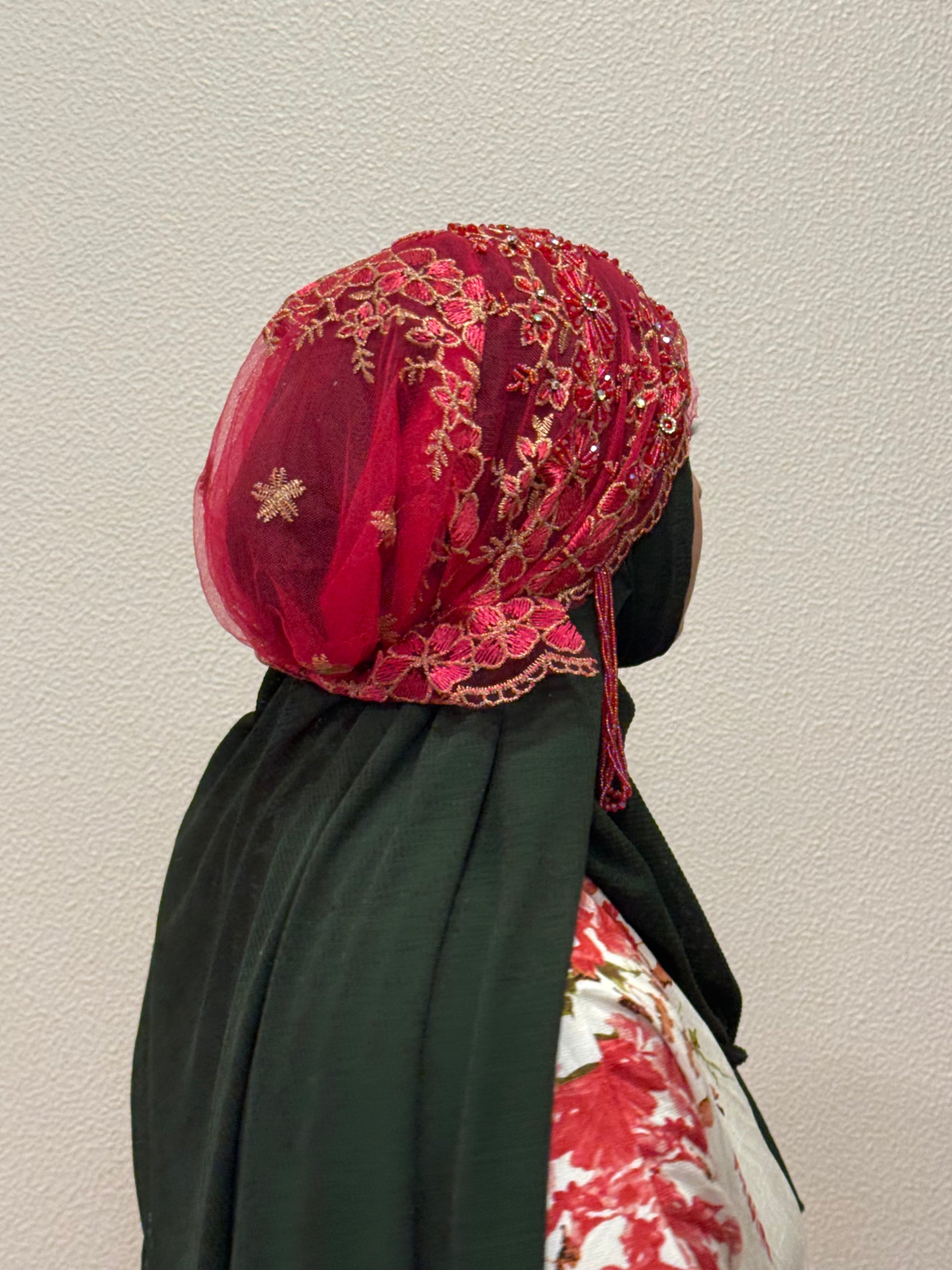 Red embroidered hijab cap angled back view with lace detailing