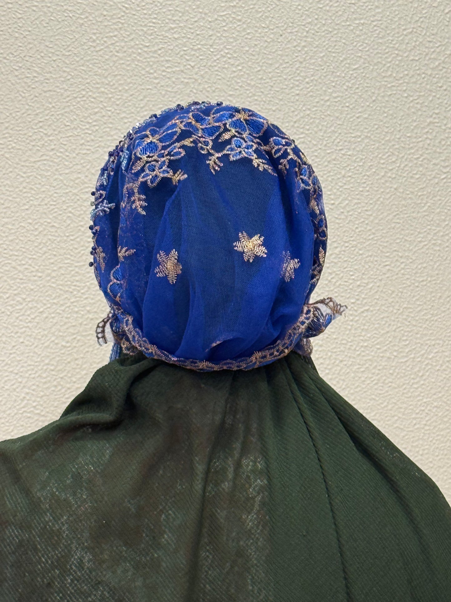 Blue party wear hijab cap back view with floral lace design