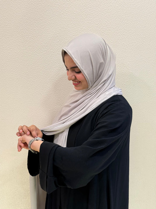 Side view of Premium light grey jersey hijab with soft stretch and elegant full coverage