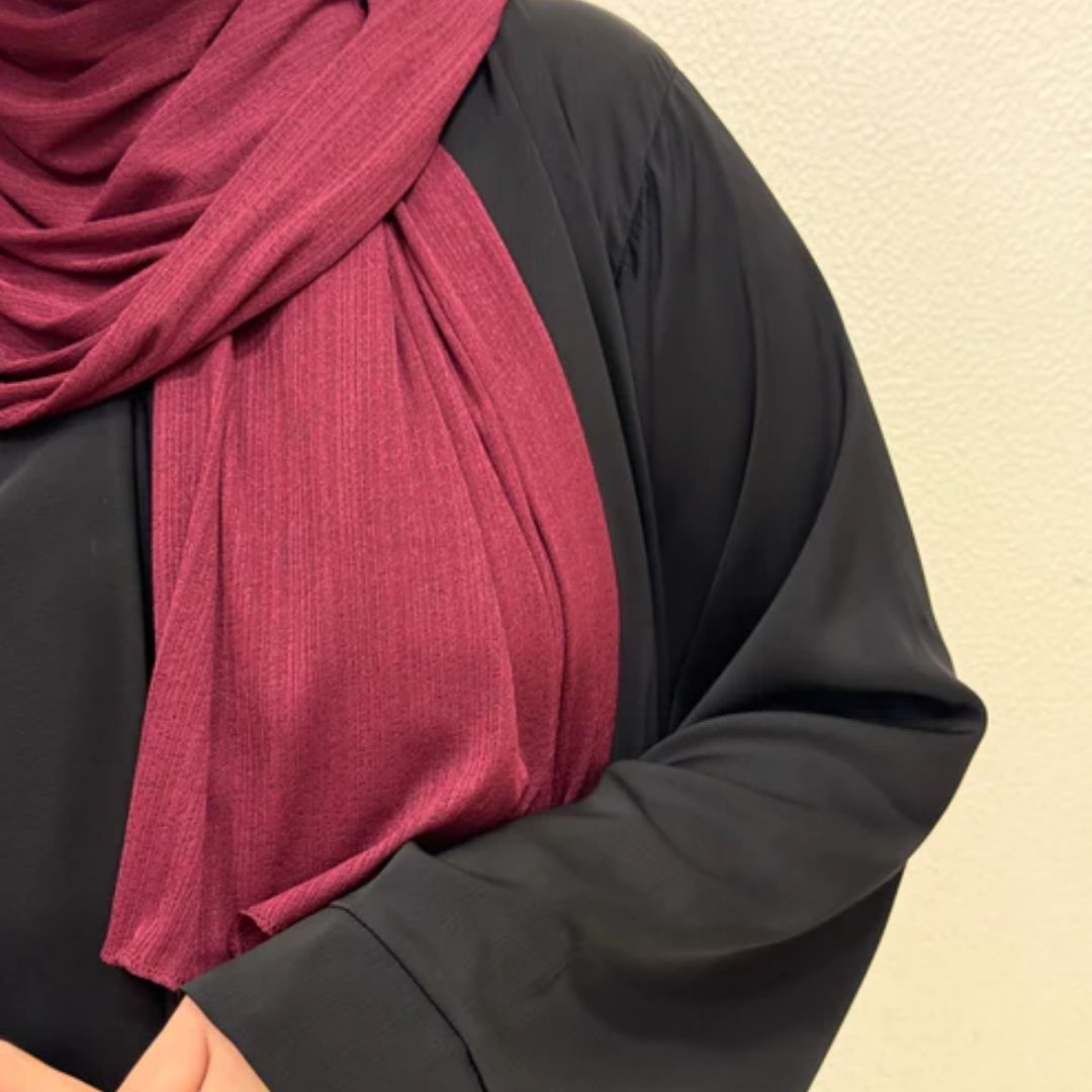 Close view of Maroon Corn Jersey HijabPremium Soft Stretch Modest ScarfSoft • Breathable • ElegantLightweight Comfort • Everyday StyleEffortless Elegance