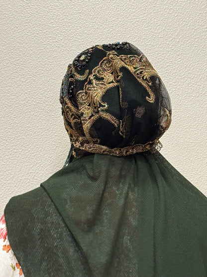 Black party wear hijab cap back view with intricate sheer net detailing