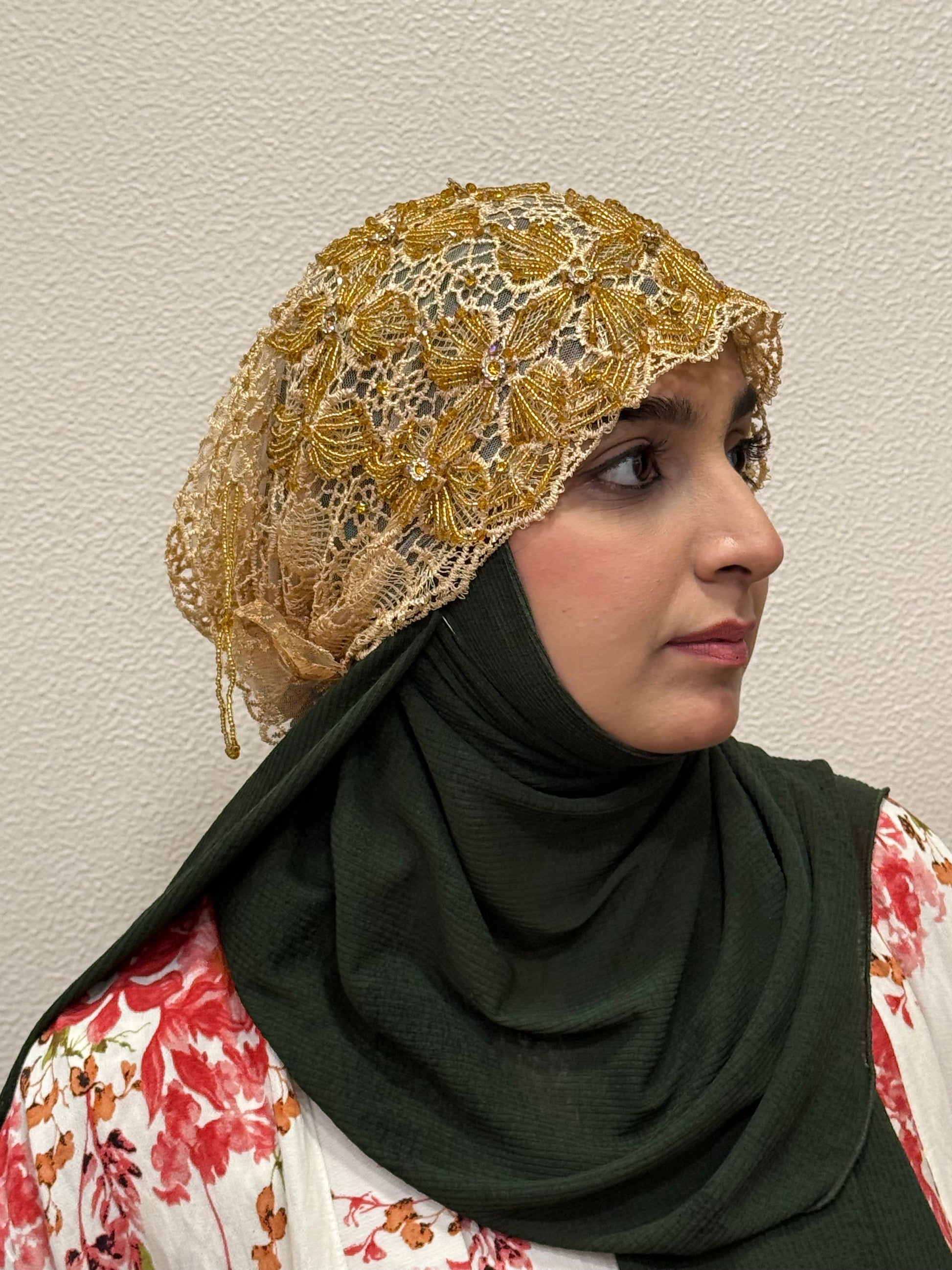 Brown and gold party wear hijab cap side view with floral embroidery