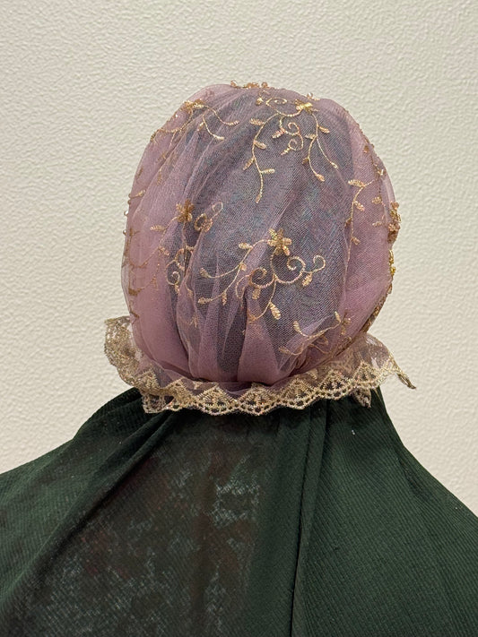 Pink and gold party wear hijab cap back view with lace detailing