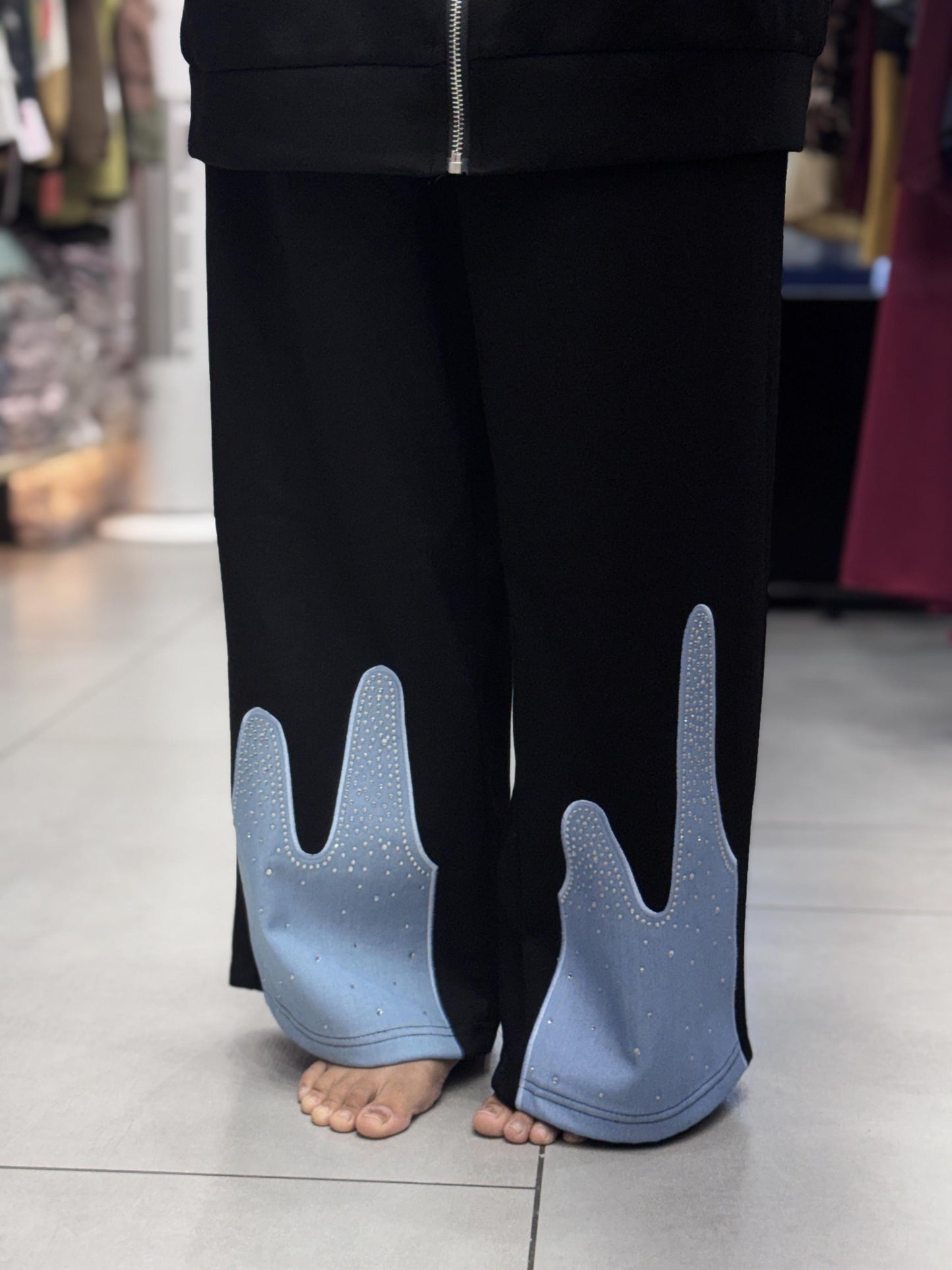 Turkish cord set black wide leg pants with blue drip hem detail