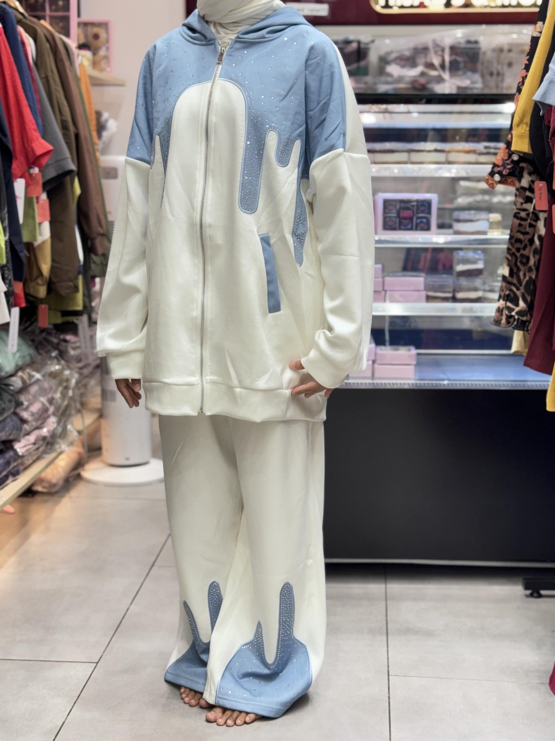 Turkish cord set white and blue modest outfit with matching wide leg pants