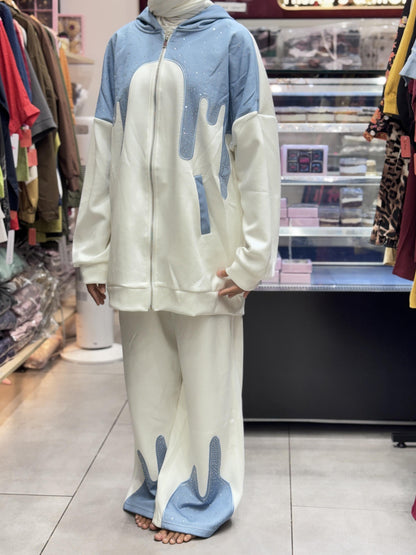 Turkish cord set white and blue modest outfit with matching wide leg pants
