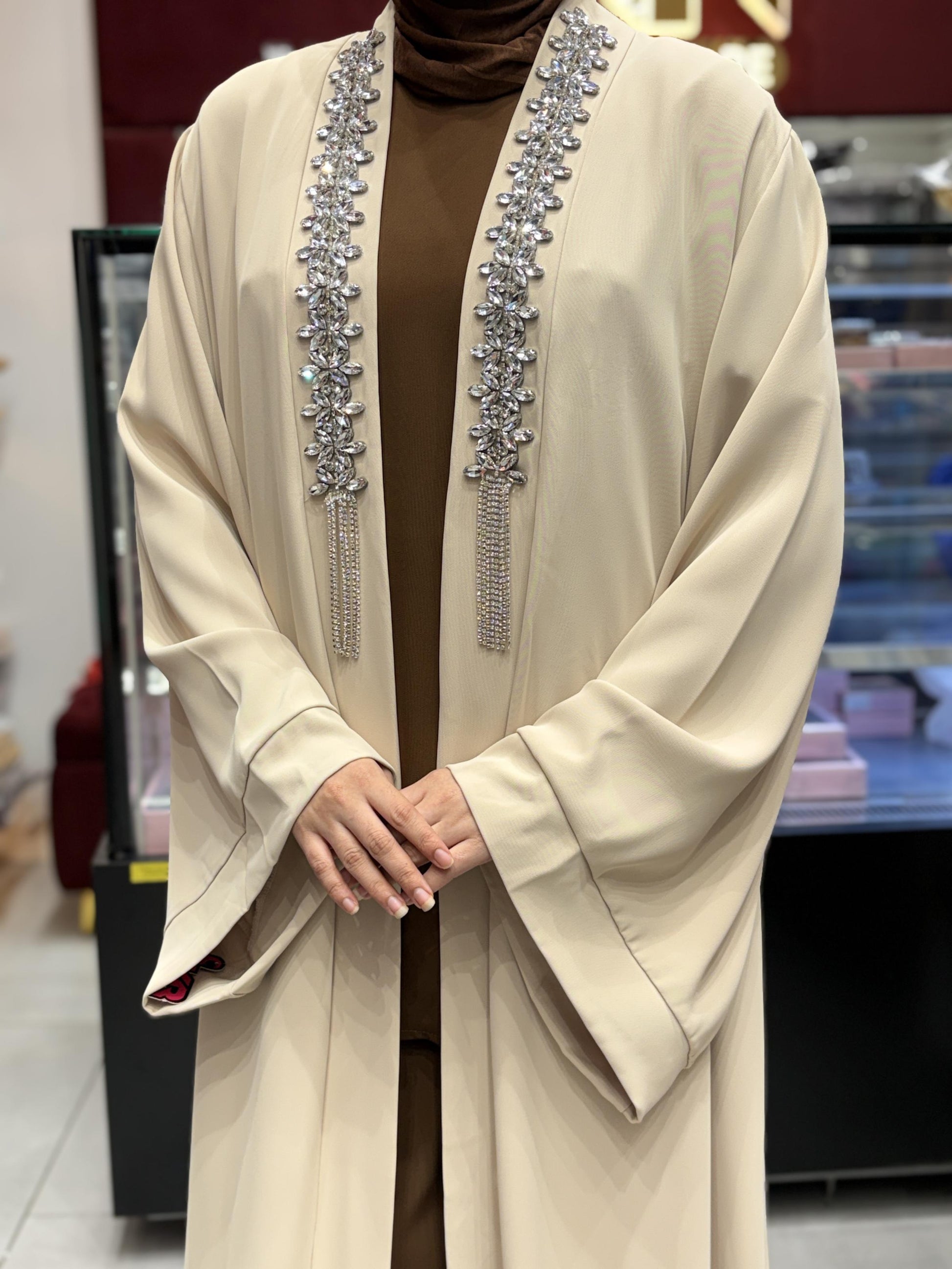 Turkish 3 piece abaya set with hijab for women in beige and brown