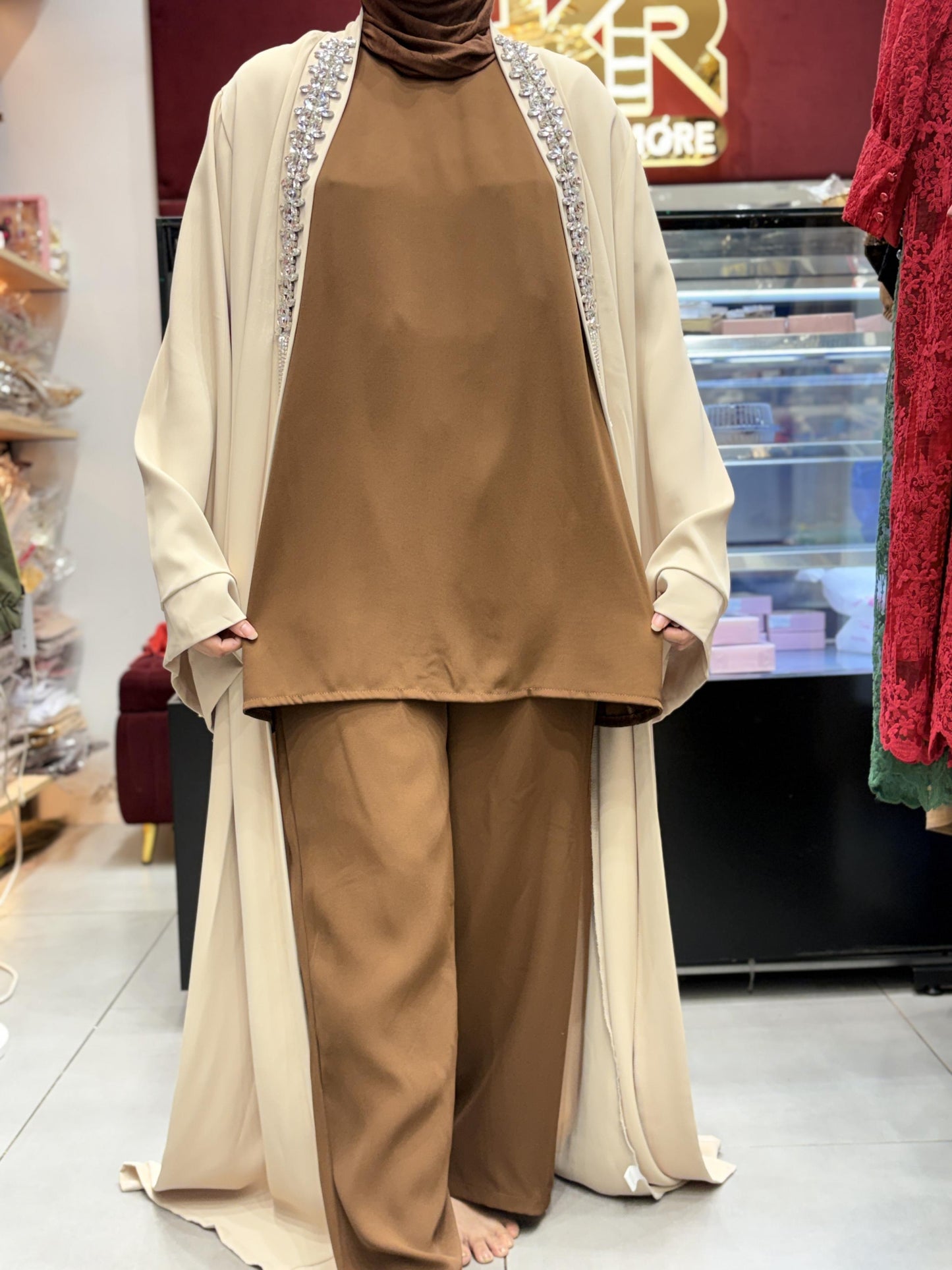 Turkish 3 piece modest cord set with hijab for women in beige and brown