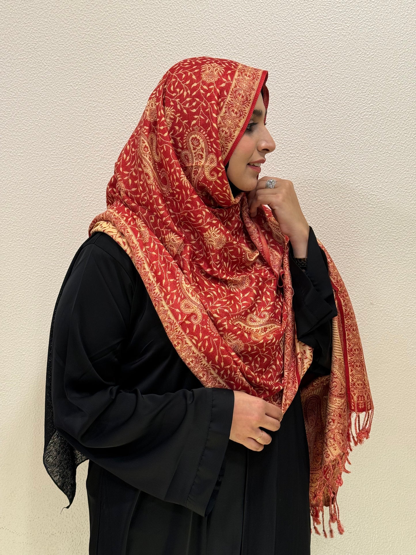 Side View of Red Premium Pashmina Shawl Soft • Elegant • Timeless Luxury Wrap for Women Effortless Sophistication