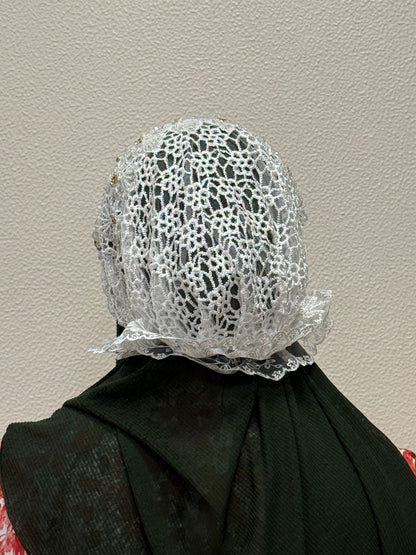 White lace hijab cap back view with intricate design