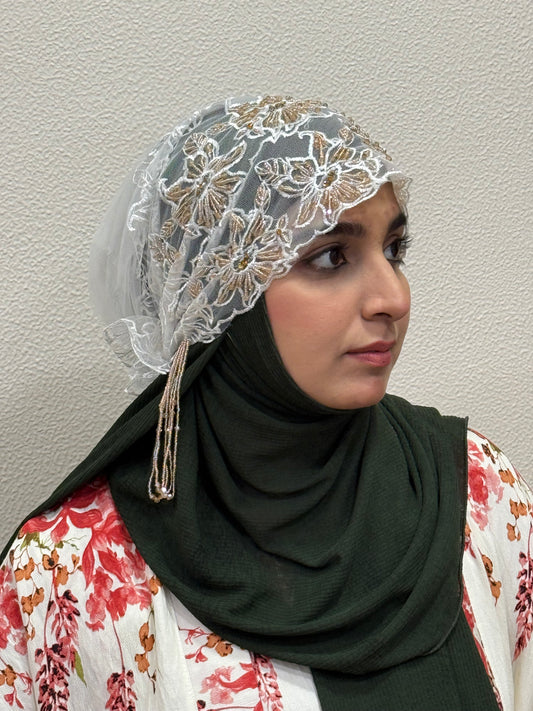 White and gold party wear hijab cap side view with floral embroidery
