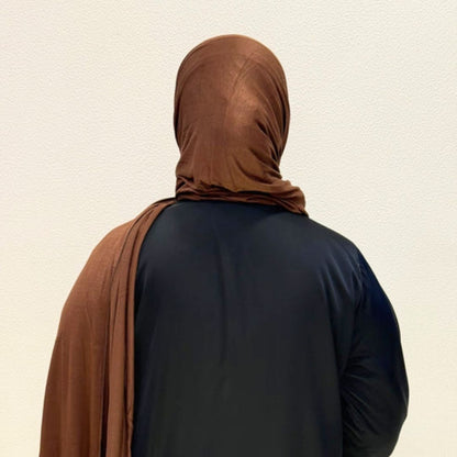 Back view of Brown Bamboo Jersey Hijab Premium Soft Stretch Modest Scarf Soft • Breathable • Elegant Lightweight Comfort • Everyday Style Effortless Elegance