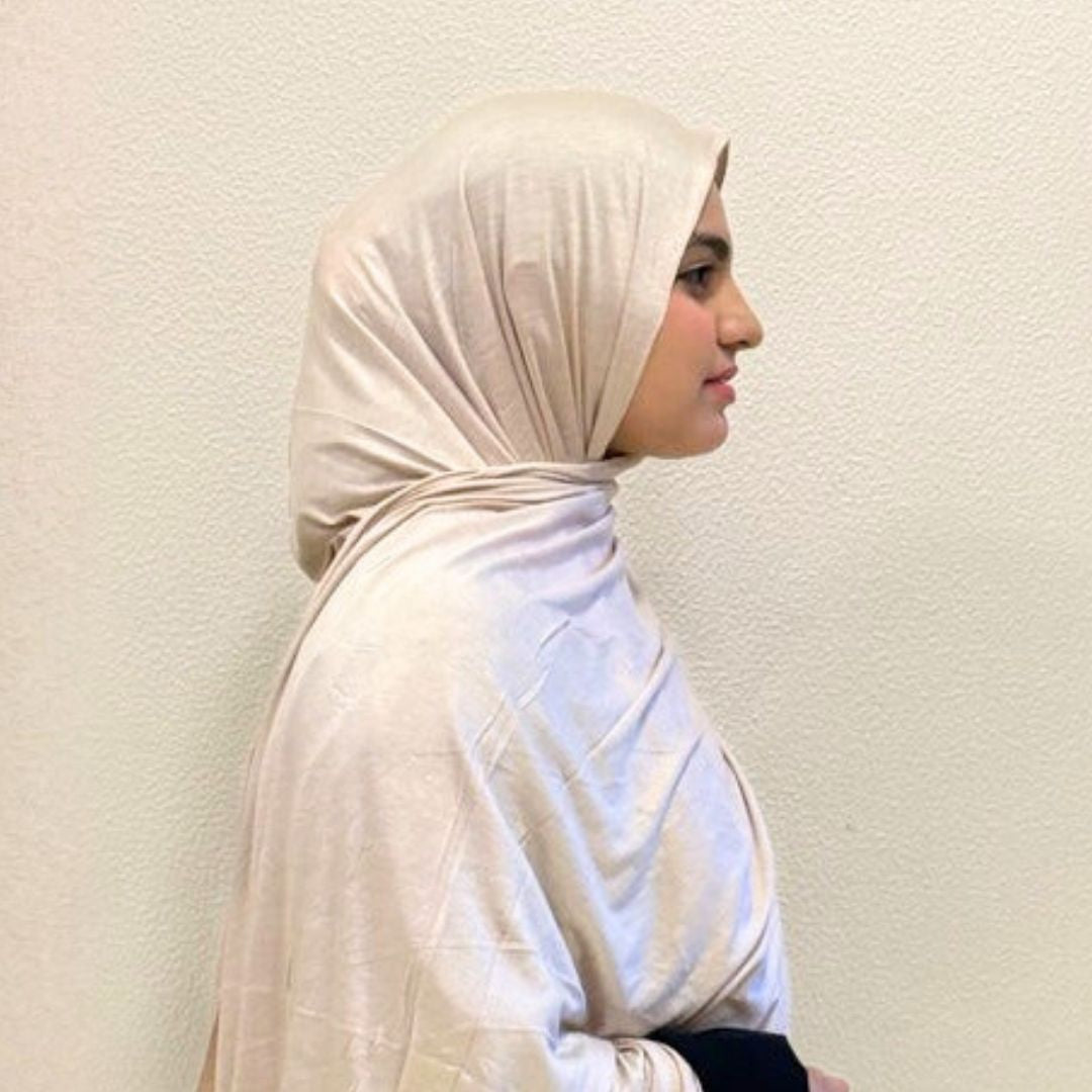 Side view of Cream Bamboo Jersey HijabPremium Soft Stretch Modest ScarfSoft • Breathable • ElegantLightweight Comfort • Everyday StyleEffortless Elegance