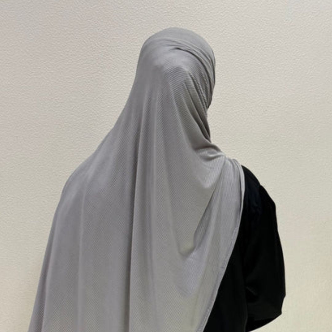 Back view of Gray Ribbed Jersey HijabPremium Soft Stretch Textured Modest ScarfSoft • Breathable • ElegantLightweight Comfort • Everyday StyleEffortless Elegance