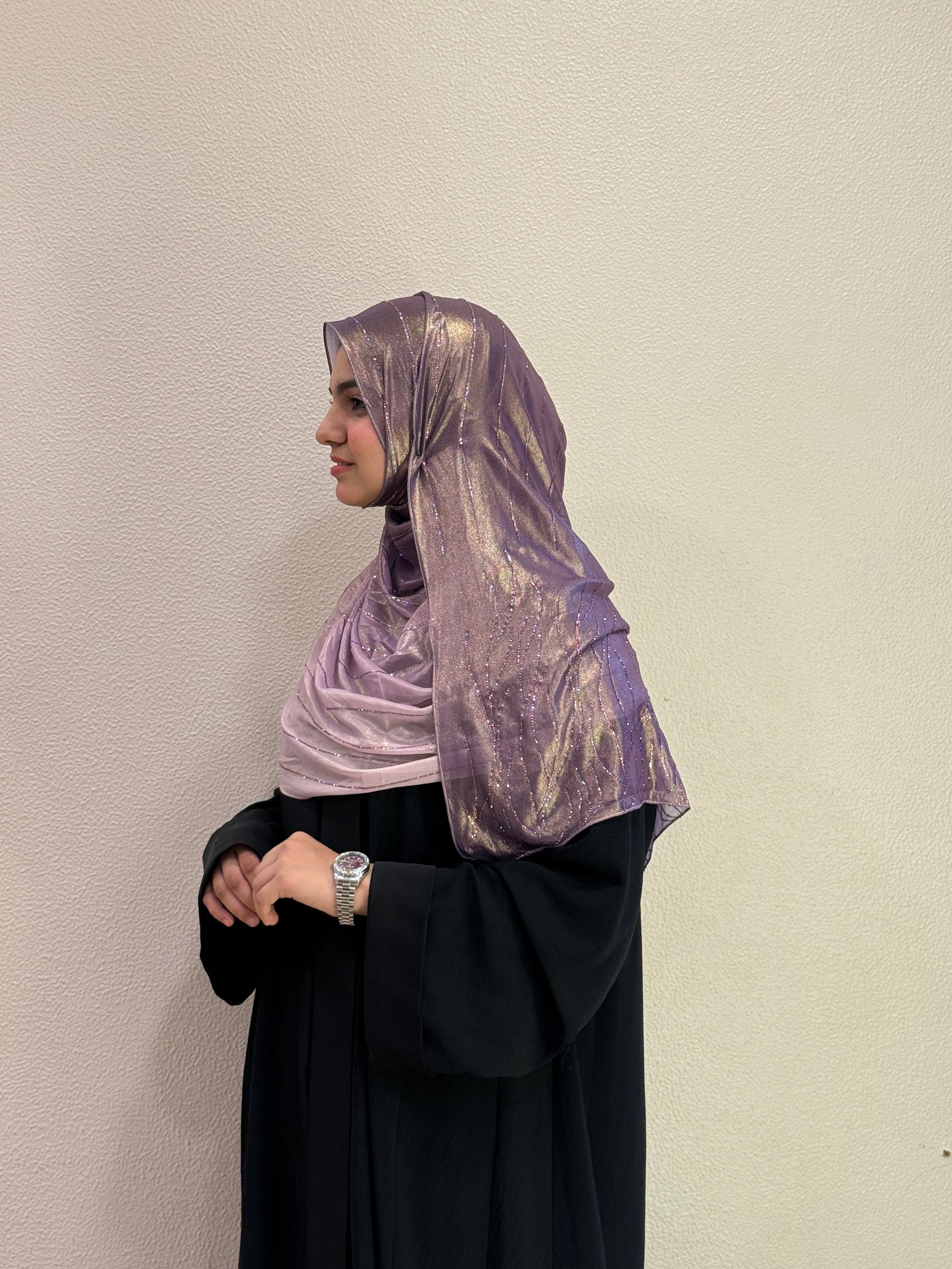 Side view of Luxe Stone Work Hijab Elegant Premium Timeless Embellished Modest Fashion Effortless Glamour
