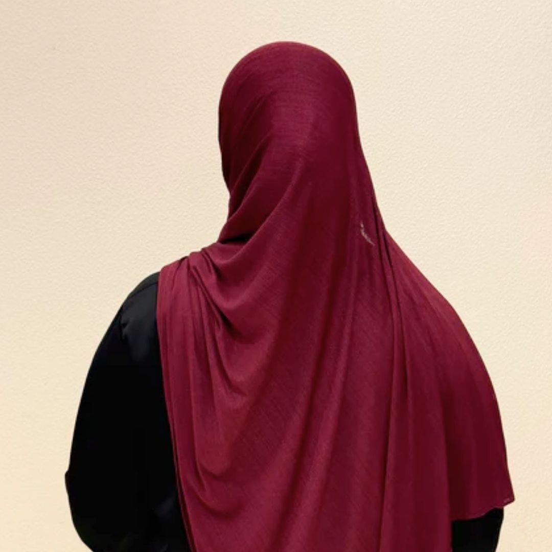Back View of Maroon Corn Jersey HijabPremium Soft Stretch Modest ScarfSoft • Breathable • ElegantLightweight Comfort • Everyday StyleEffortless Elegance